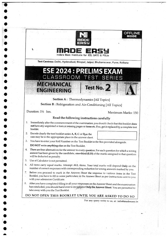 IES PRELIMS TEST SERIES 2024 : MECHANICAL ENGINEERING Tech + Non-tech