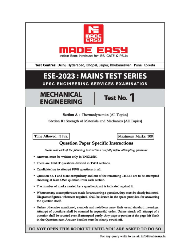 IES 2023 MAINS TEST SERIES WITH SOLUTION : MECHANICAL ENGINEERING ( MADE EASY )