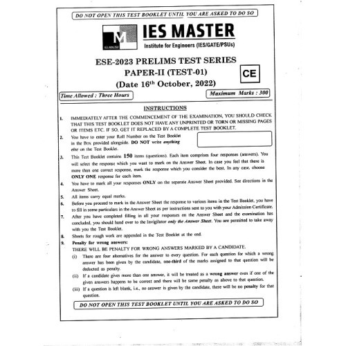 IES PRELIMS TEST SERIES 2023 : CIVIL ENGINEERING Tech Subjectwise & Full syllabus With Solution ) IES MASTER